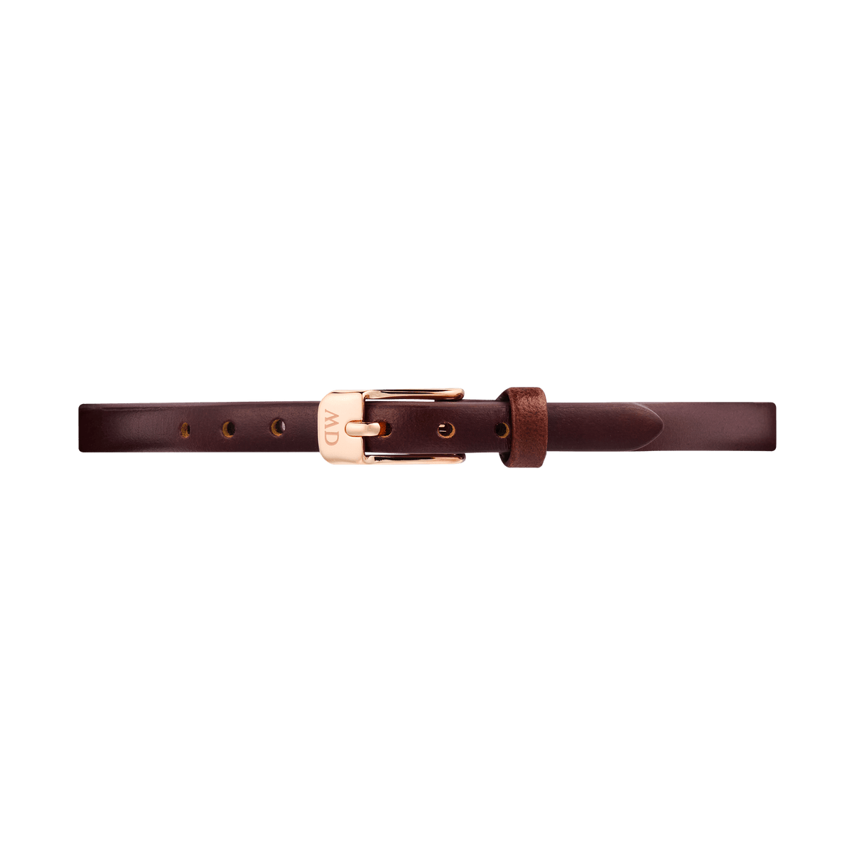 ダニエルウェリントン Pressed St Mawes Strapのブラウン・イタリアンレザーストラップです。ローズゴールドのピンバックルにはDWのロゴが刻印され、細身で上品なデザインが特徴です。