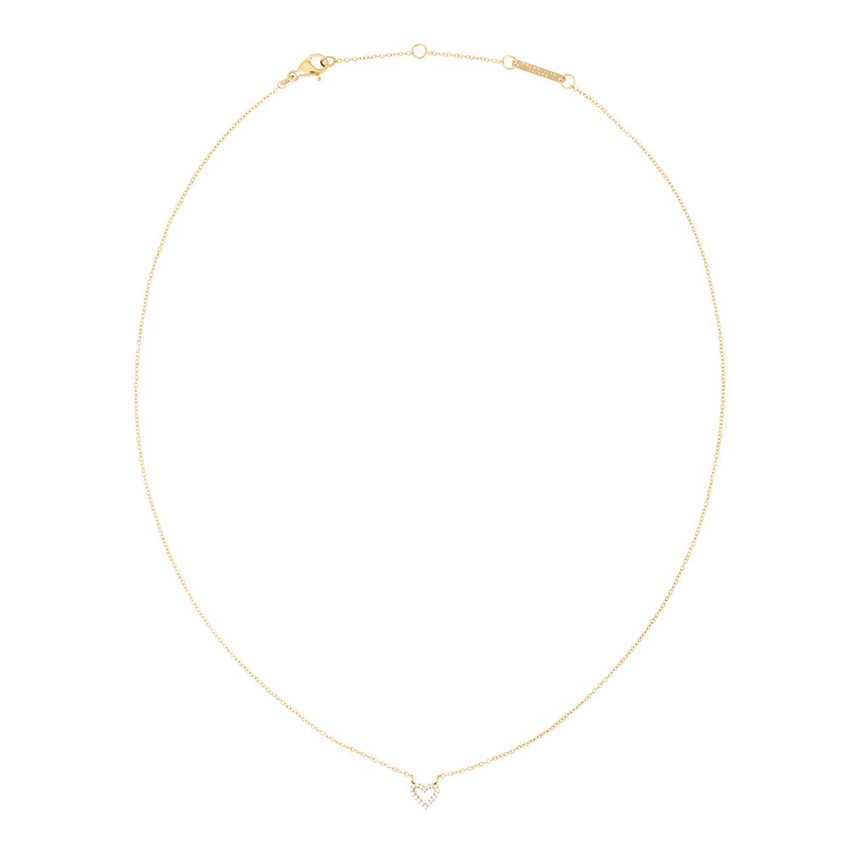 ダニエルウェリントン Mirelle Heart Necklace Goldの全体像です。細身のゴールドチェーンの中央に、ホワイトキュービックジルコニアをあしらった小さなハート型チャームが配されています。ロブスタークラスプとアジャスターチェーンも確認できます。