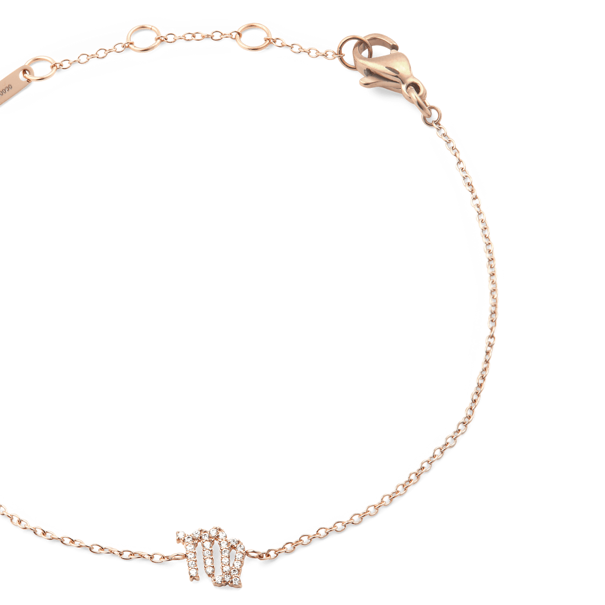 おとめ座モチーフのCrystal Zodiac Chain Bracelet Rose Goldをクローズアップでご紹介します。ローズゴールドのロブスタークラスプやアジャスターチェーンの細部まで美しく仕上げられており、爪留めされたおとめ座チャームが繊細な輝きを放っています。