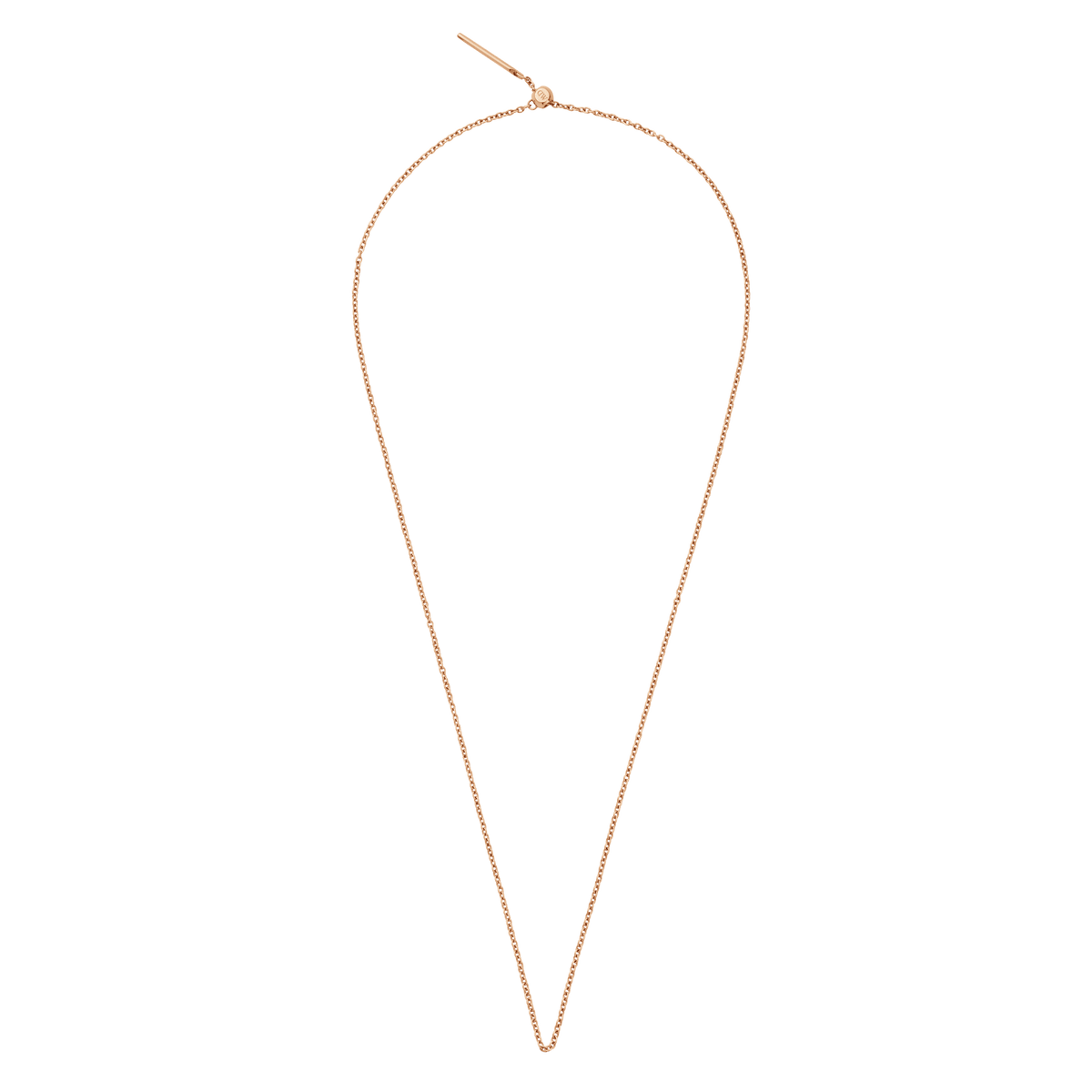 ローズゴールドのCharms Chain Necklaceを長めに垂らした状態の正面写真です。繊細なオーバルリンクチェーンのしなやかなラインと、上部にあるスライド式アジャスターによる長さ調節の様子がご覧いただけます。