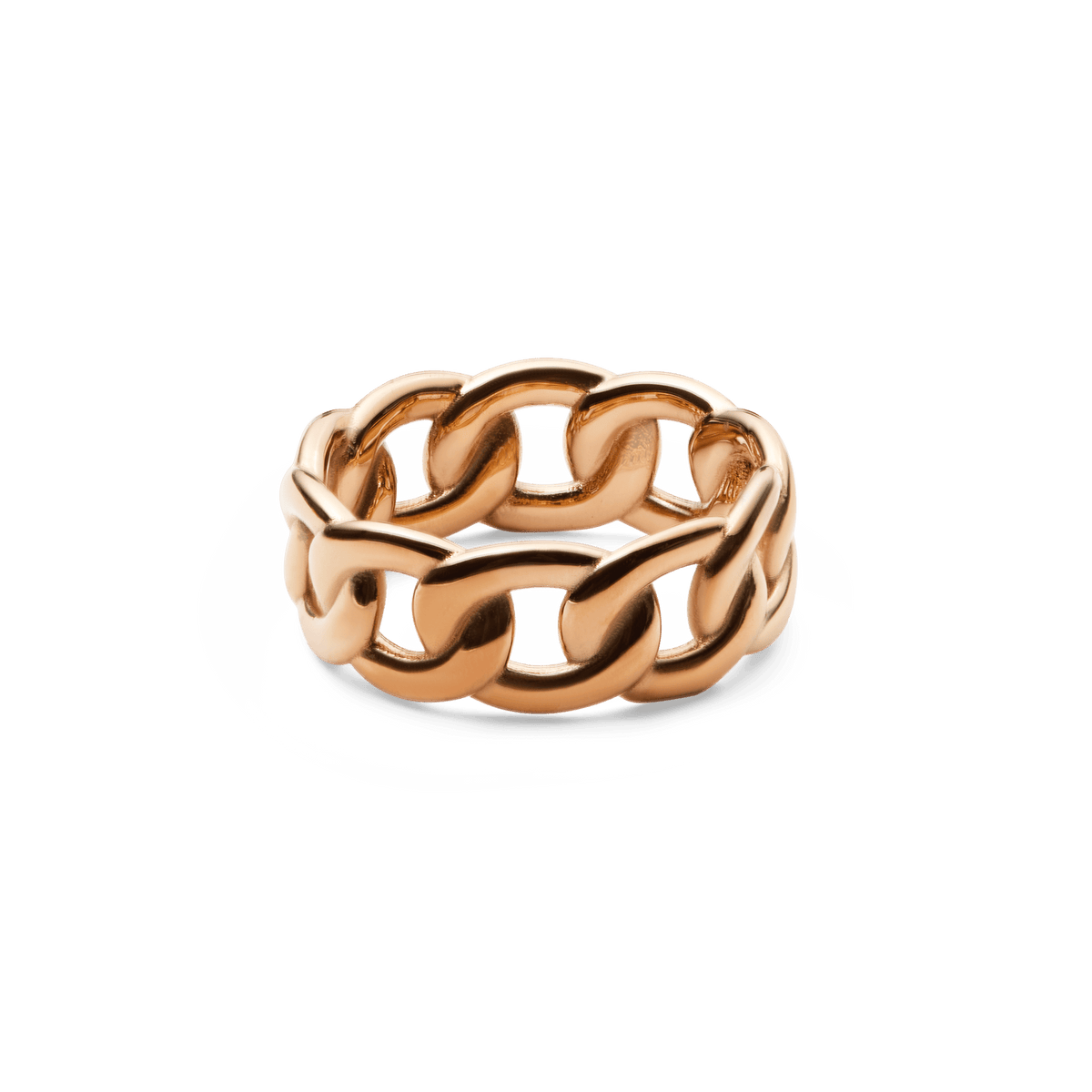 ダニエルウェリントン Chunky Chain Ring Rose Goldを斜め上から撮影した画像。太めのチェーンリンクが円を描くように連なり、ローズゴールドのポリッシュ仕上げが柔らかな光沢を放つ、重厚感のあるデザインです。