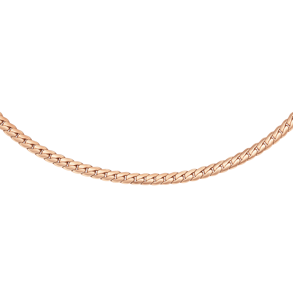 Daniel Wellington Flat Chain Necklace RGのチェーン部分をクローズアップ。隙間なく編み込まれたフラットチェーンが、ローズゴールドの輝きをなめらかに反射しています。