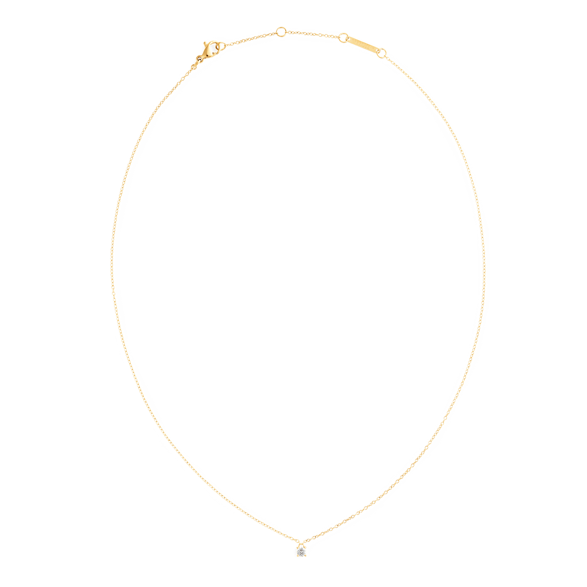 ダニエルウェリントンのMirelle Solitaire Necklace Goldの全体像です。繊細なゴールドチェーンの先端には一粒のクリスタルがあしらわれ、ロブスタークラスプとアジャスター付きのブランドプレートが確認できるレイアウトで撮影されています。