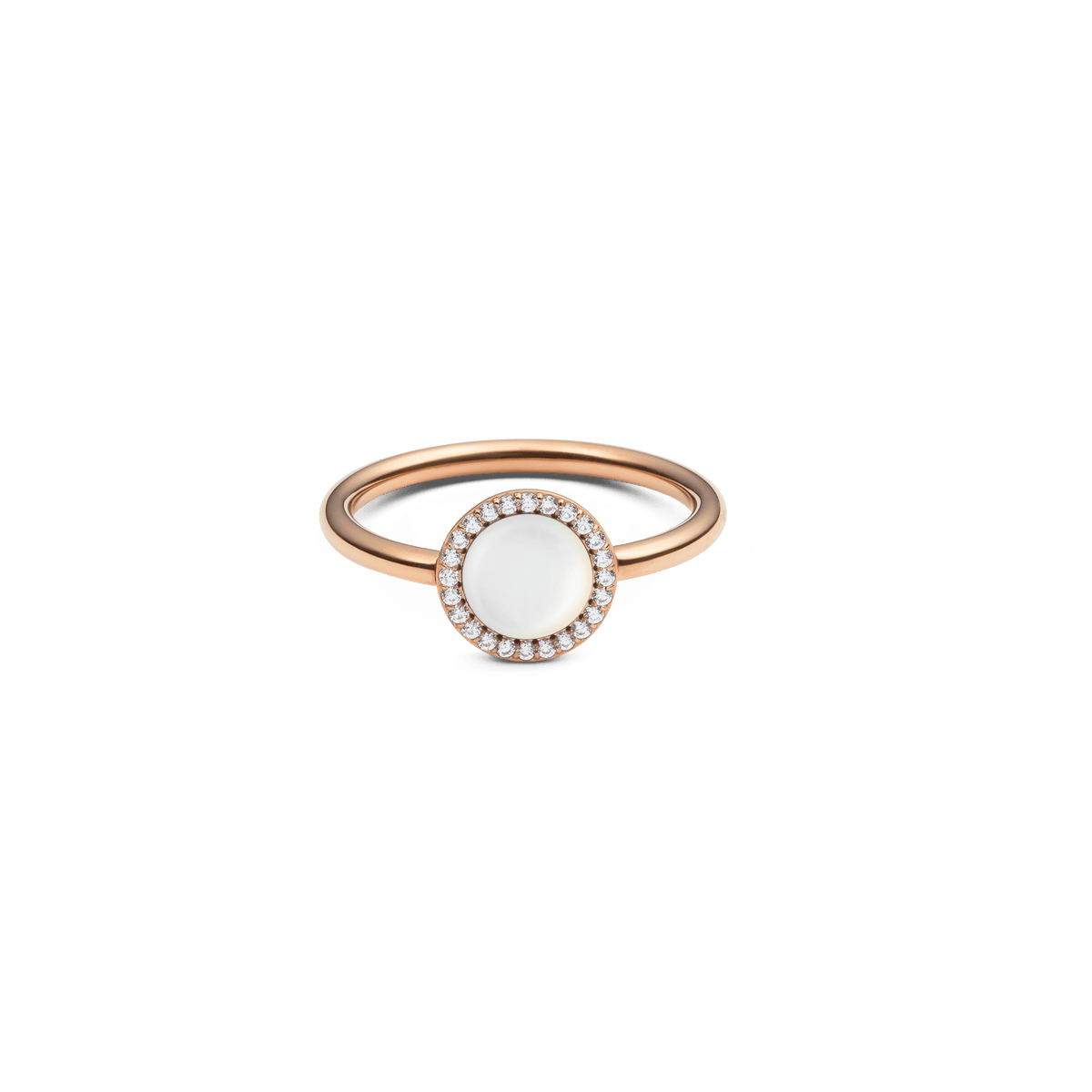 ダニエルウェリントン Audrey Ring Mother of Pearl Rose Goldの正面画像。ドーム型のマザーオブパールを中央に配し、ホワイトキュービックジルコニアのヘイローが彩る細身のローズゴールドリングです。