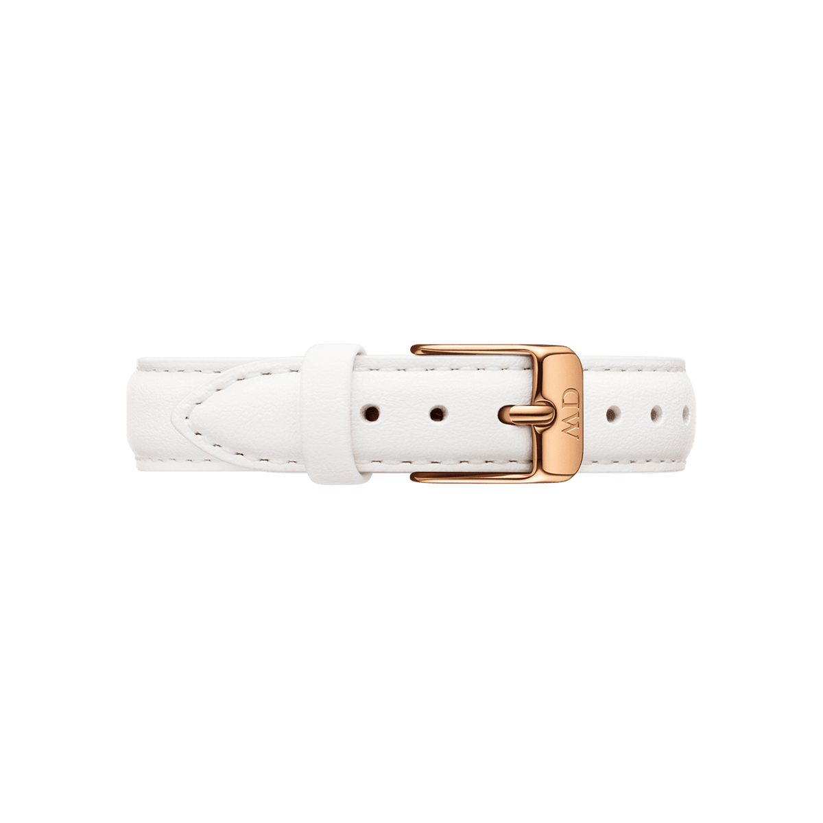 Daniel Wellington Bondi Strapを全体的にご覧いただけます。ホワイトレザーの細身ストラップをバックルで留めた状態で、ローズゴールドの尾錠と同色のステッチが端正な仕上がりを際立たせています。