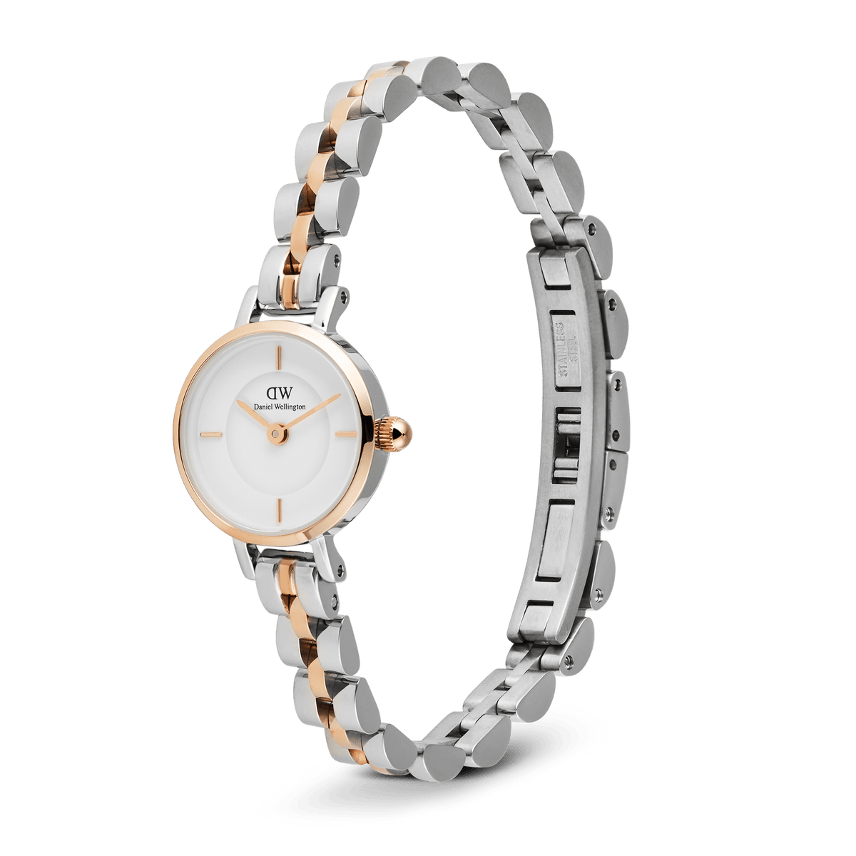 Petite Mini Arch 3-Link Two Tone Rose Goldを立てて撮影した全体の様子です。ローズゴールドのリューズやベゼルの仕上げ、バタフライ式のバックルの構造が確認でき、ブレスレットのような存在感を持つコンパクトな19mmケースのサイズ感が伝わります。