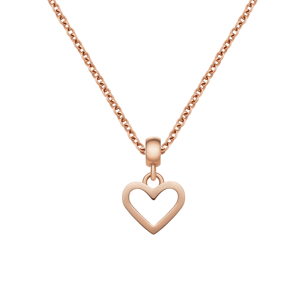 ダニエルウェリントンのHeart Contour Charmをローズゴールドのチェーンネックレスに通したスタイリング例です。オープンハートのチャームがチェーンの中央でさりげなく揺れ、温かみのあるローズゴールドの輝きが際立ちます。