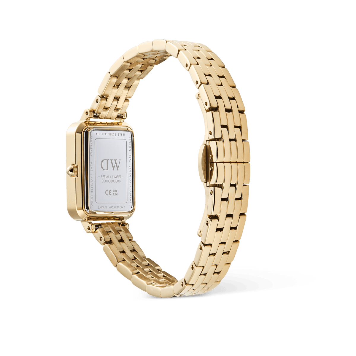 Quadro Roman Numerals Date 5-link Goldの裏蓋側からの画像です。ケースバックにはDaniel Wellingtonのロゴやシリアルナンバーが刻印されており、ゴールドの5リンクブレスレットとバタフライ式のバックル部分の構造が確認できます。
