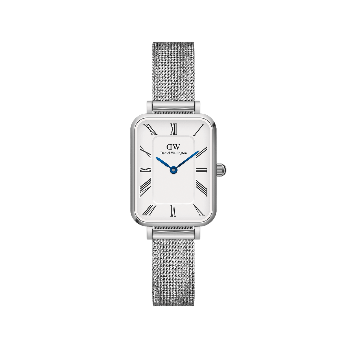 Daniel Wellington Quadro Roman Numerals Sterlingの正面画像です。シルバーカラーのレクタンギュラー型ケースにホワイト文字盤、ローマ数字のインデックス、ブルースチールの針を採用し、シルバーメッシュストラップと組み合わせたデザインです。