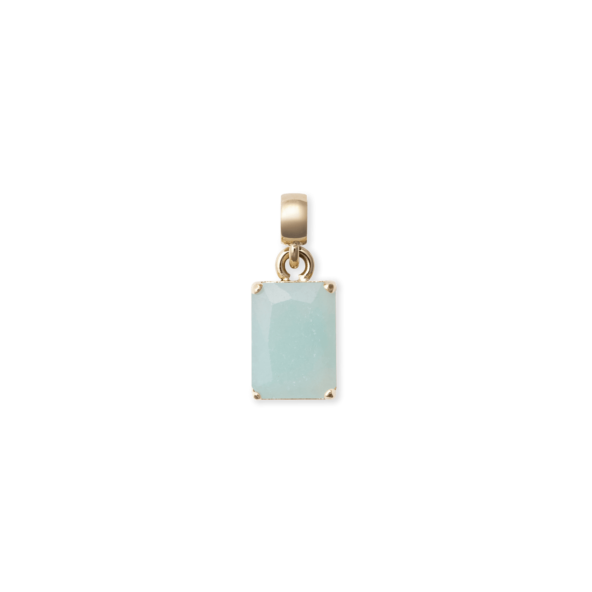 ダニエルウェリントンのAmazonite Octagon Gold Charmを正面から撮影した画像です。ブルーグリーンのアマゾナイト天然石を八角形にカットし、ゴールドの爪留めで留めたデザインです。
