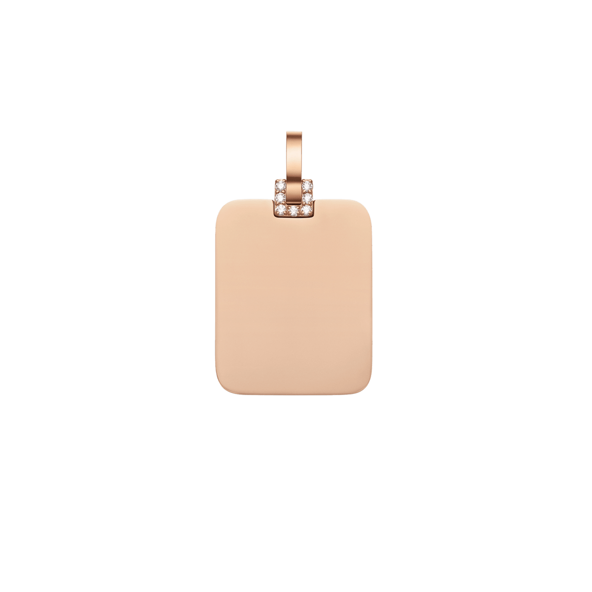 Daniel WellingtonのRectangular Detail Crystal Pendant ローズゴールドの正面画像。角を丸めたスクエア型のプレートとクリスタルをあしらったバチカンが特徴の、ミニマルなデザインのペンダントトップです。