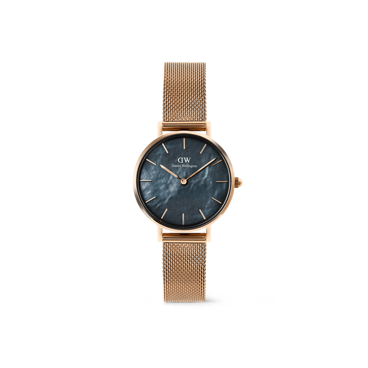 Daniel Wellington Petite Melrose MOP Greyの正面画像。グレーのマザーオブパール文字盤が深みのある光沢を放ち、ローズゴールドのケースとメッシュストラップが調和した28mmの女性向け腕時計です。