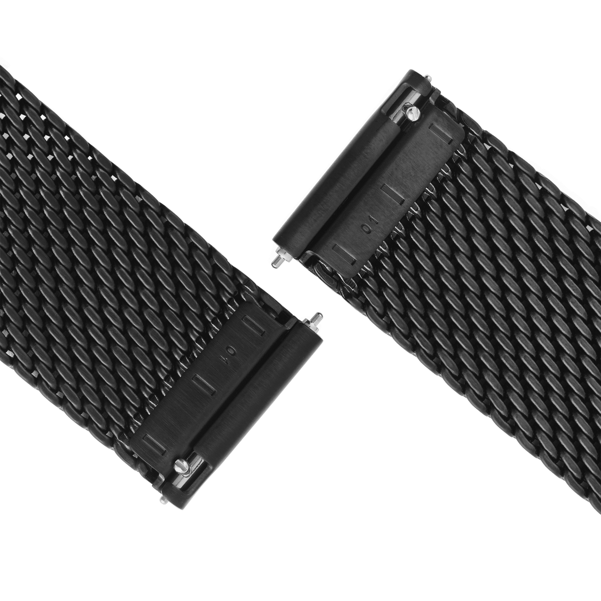ダニエルウェリントン Onyx Mesh Strapのエンドピース部分を拡大した画像です。PVDブラック仕上げのメッシュベルトの編み目と、工具不要で簡単に着脱できるクイックリリースピンが両端に確認できます。