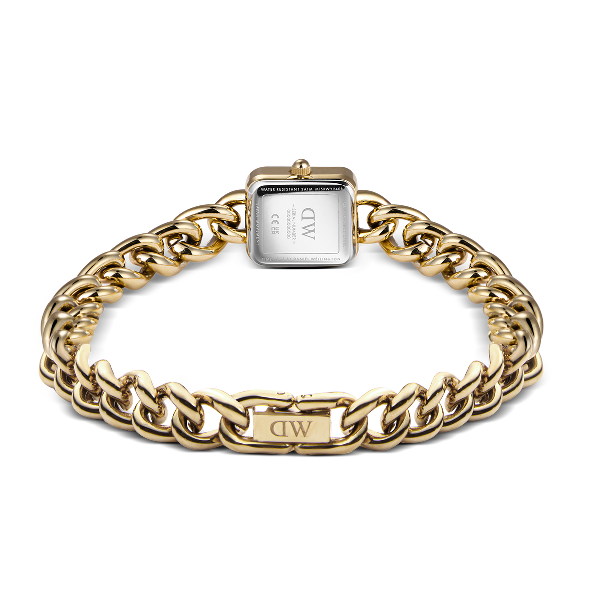 Jolie Chain Goldの裏面を写したプロダクト画像です。スクエア型のケースバックにはシリアルナンバーや3ATM防水の刻印が施され、チェーンのフォールドオーバークロージャーにはDaniel Wellingtonのロゴがあしらわれています。