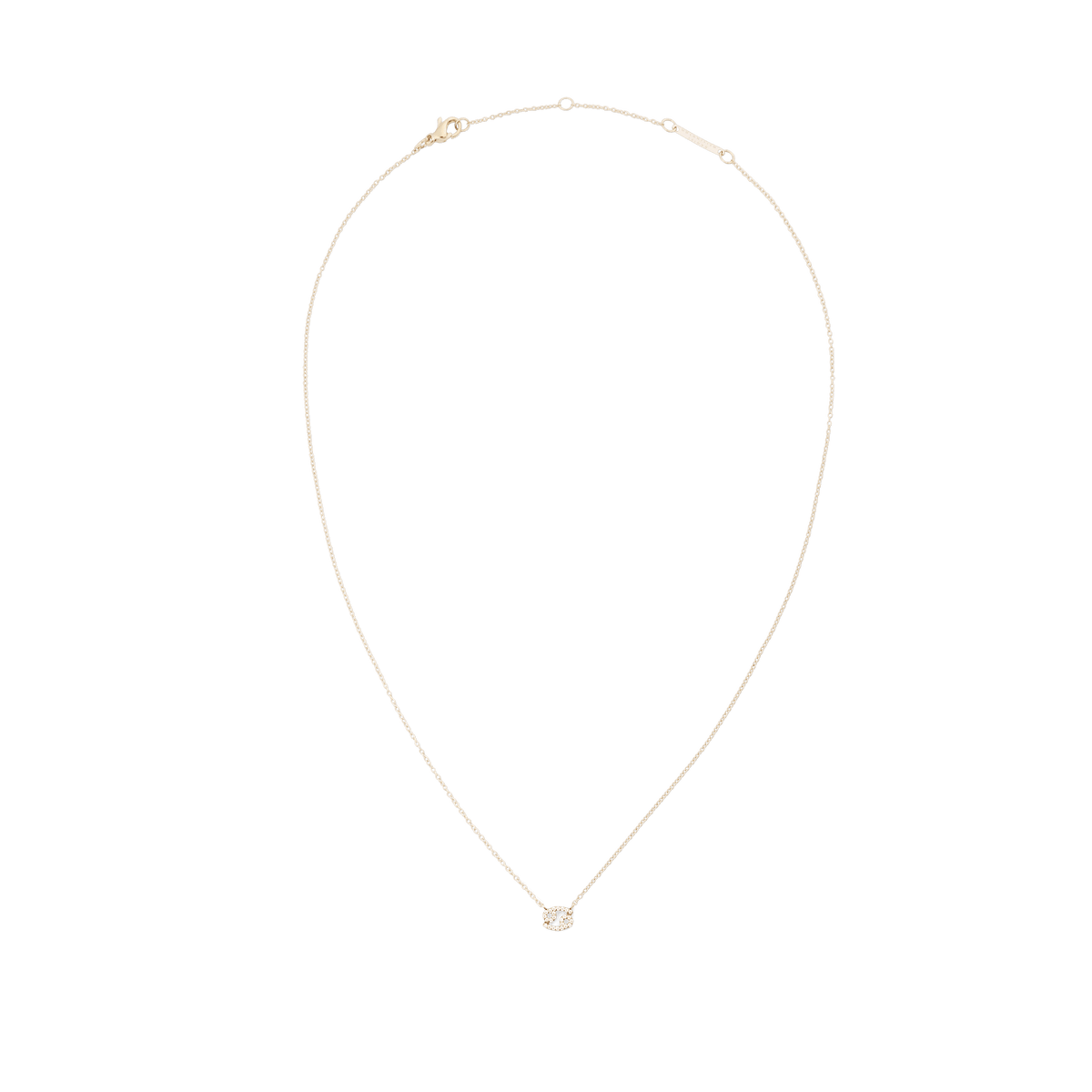 白背景に撮影したCrystal Zodiac Chain Necklace Goldの全体像です。蟹座のモチーフをあしらった、ゴールドの細いチェーンが自然なしずく型のシルエットを描き、下部中央には小ぶりなクリスタルのペンダントが配されています。上部にはロブスタークラスプとサイズ調整リングが付いています。