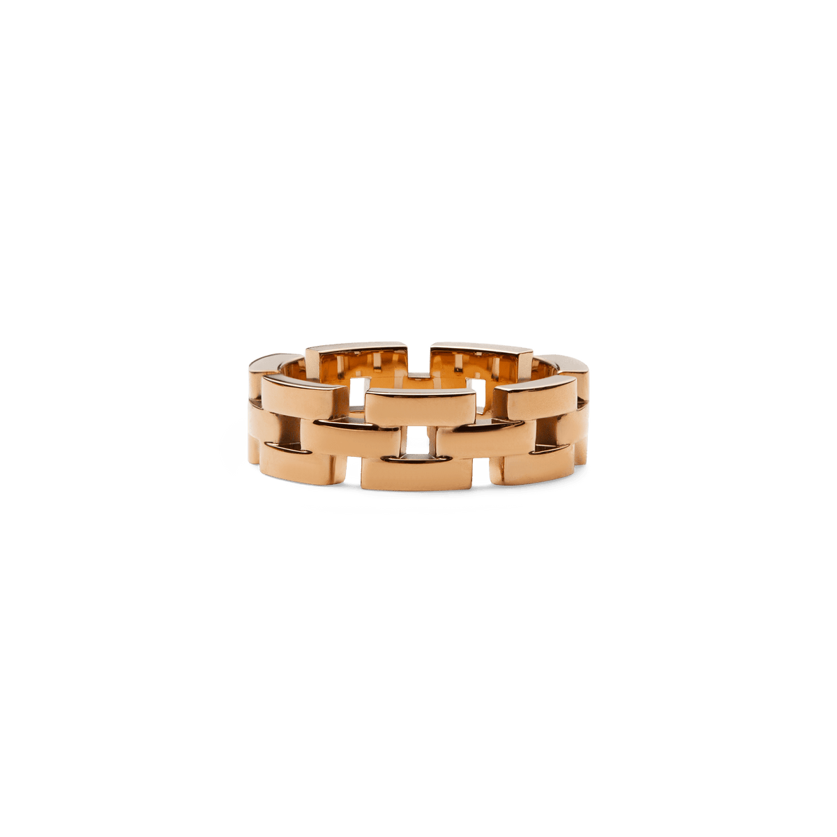Daniel Wellingtonの3-Link Ring ローズゴールドを正面から撮影した商品画像です。白い背景に置かれたリングは、連なるリンクの内側まで見える角度で、ステンレススチールの滑らかなローズゴールド仕上げと立体的な構造がよくわかります。