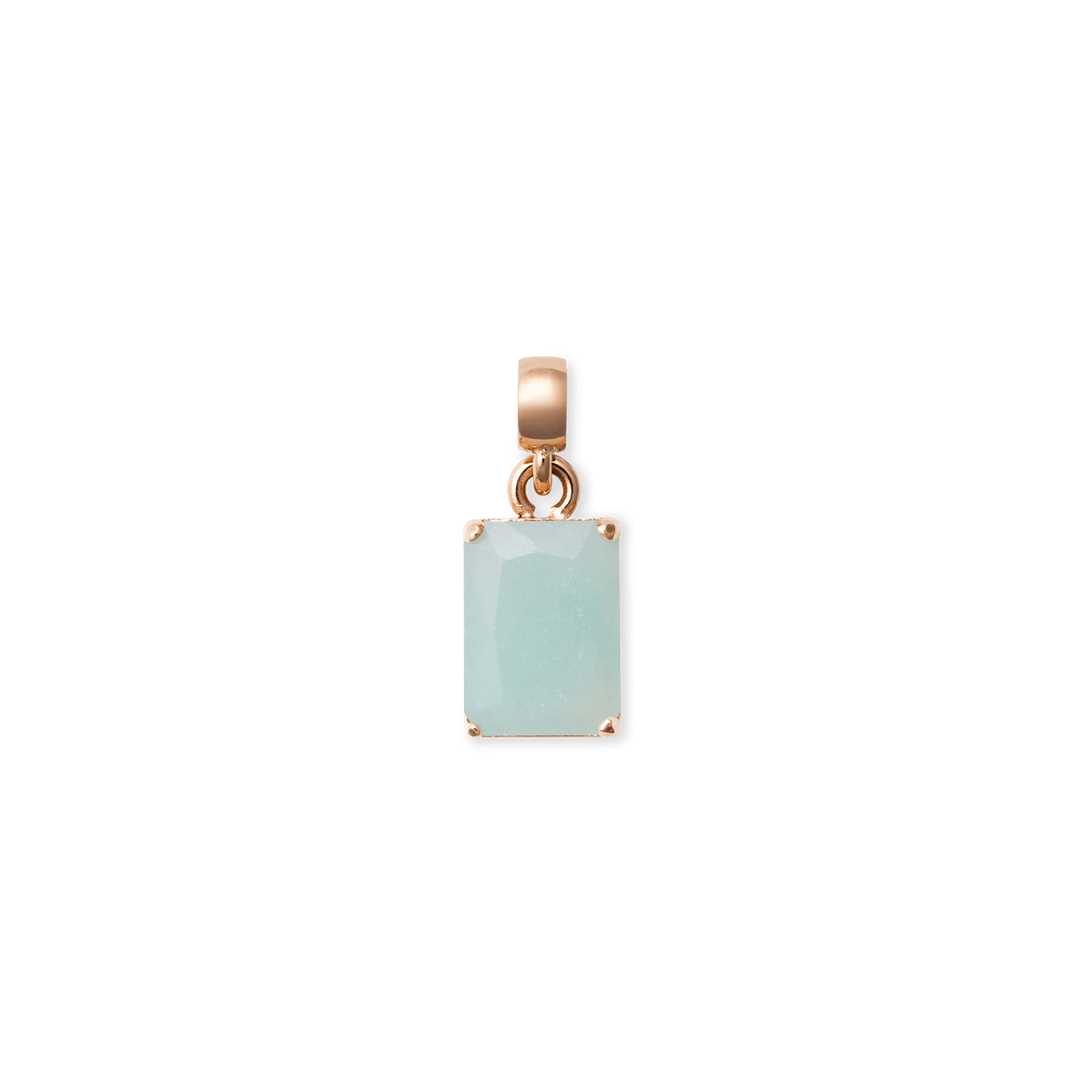 ダニエルウェリントンのAmazonite Octagon ローズゴールドチャームの正面画像です。淡いブルーグリーンの天然アマゾナイトを八角形にカットし、ローズゴールドの爪留めでセットしたデザインが特徴です。