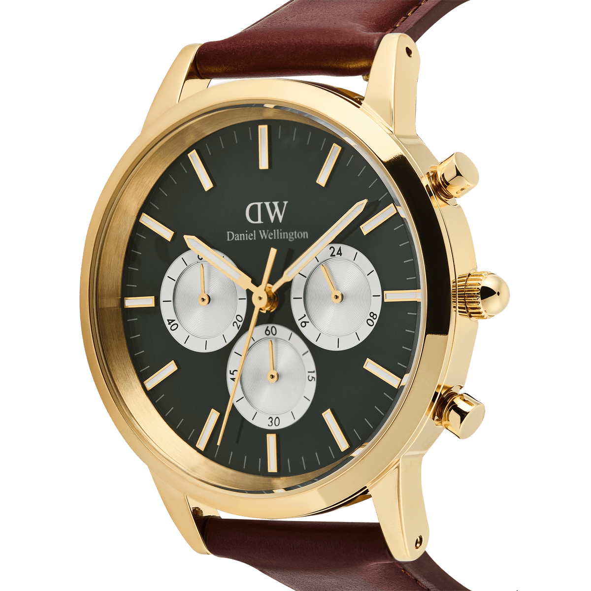Iconic Chronograph St Mawes Emerald Panda Goldの文字盤をクローズアップした正面画像です。ゴールドのインデックスと針、CDパターンが施された3つのホワイトサブダイヤル、そしてリューズやプッシャーの仕上げが美しく映えています。