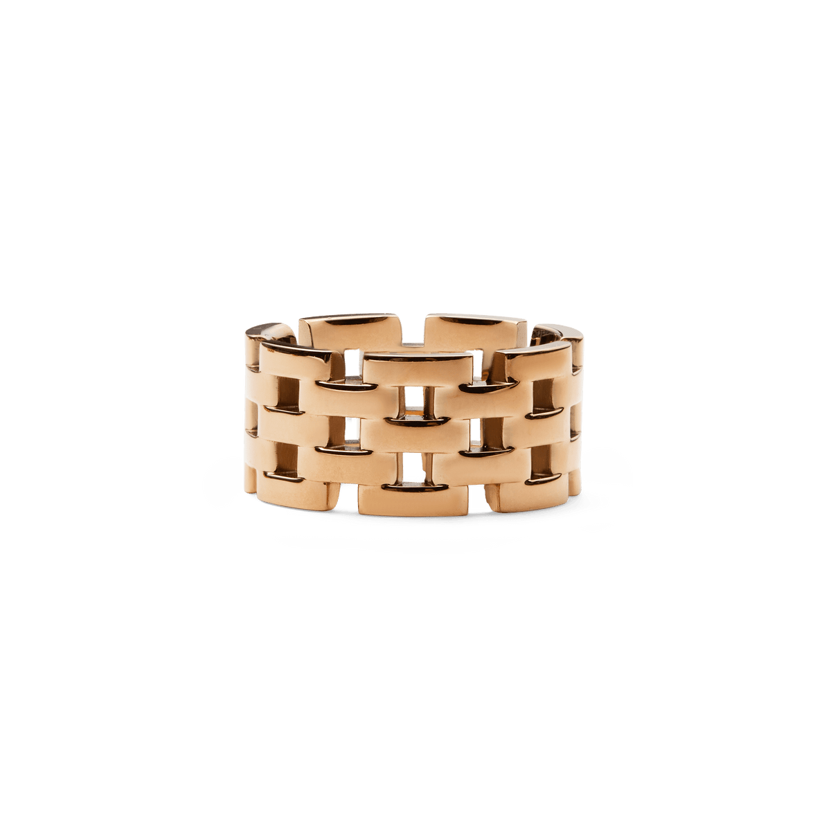 Daniel Wellingtonの5-Link Ring ローズゴールドを正面から捉えた画像です。ウォッチストラップを連想させる5連リンク構造の幅広バンドが、白い背景の中でローズゴールドの上品な輝きを際立たせています。