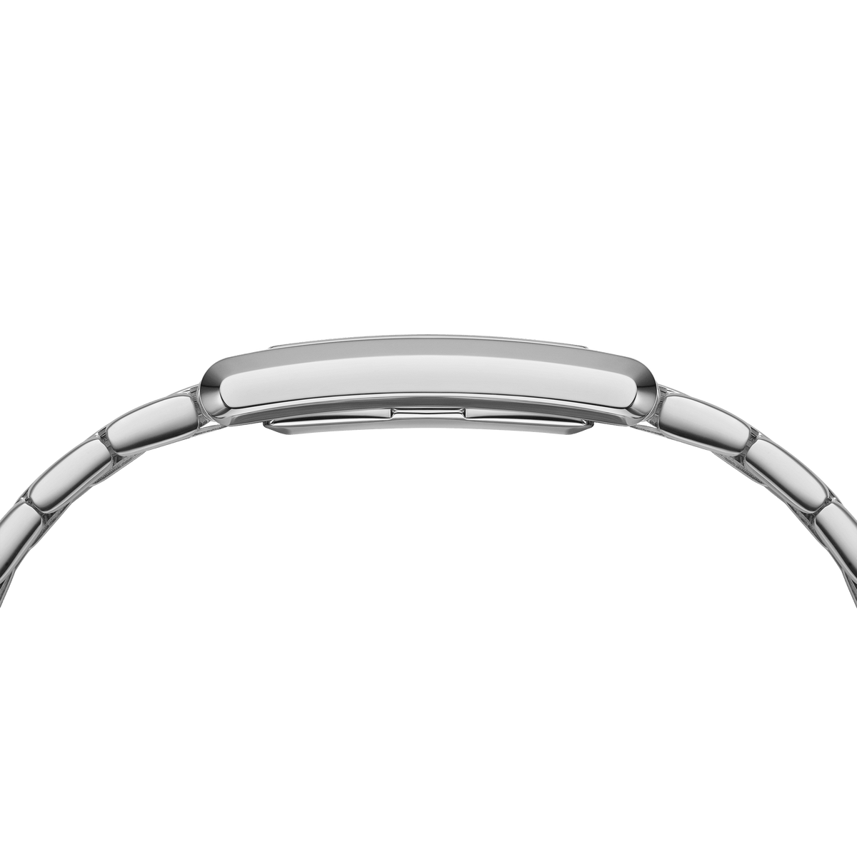 Quadro Roman Numerals 5-Link Silverのサイドビューです。薄型のレクタンギュラーケースと、ポリッシュ仕上げの5連ブレスレットの厚みやつながりがよくわかります。袖口にすっきりと収まるスリムなプロポーションが特長です。