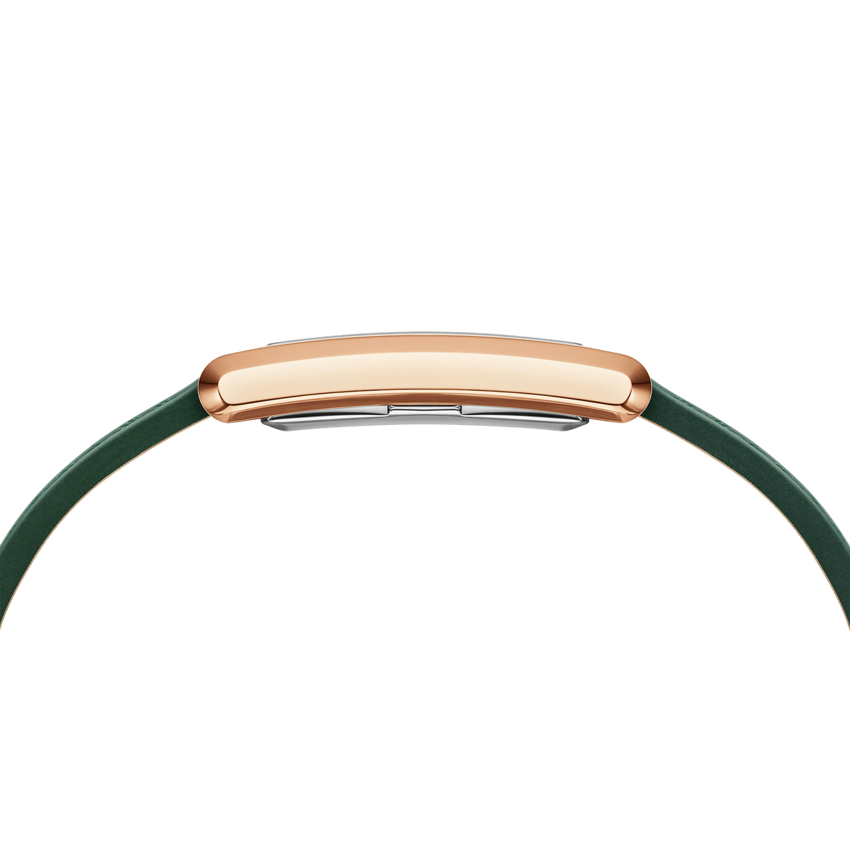 Bound Crocodile Emerald Sunray Rose Goldのサイドビューです。薄型のローズゴールドケースとエメラルドグリーンのレザーストラップが一体となり、滑らかなラインが手首に沿う美しいカーブを描いています。
