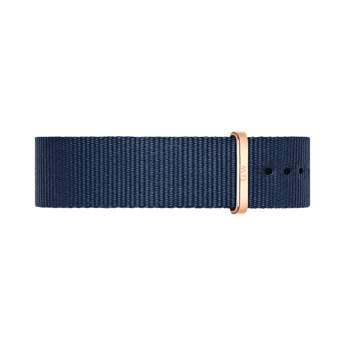 Bayswater Strap Rose Goldを正面から撮影した全体の画像です。ミッドナイトブルーのNATOタイプポリエステルベルトが水平に広がり、ローズゴールドのキーパー部分にはブランドロゴが刻印されています。