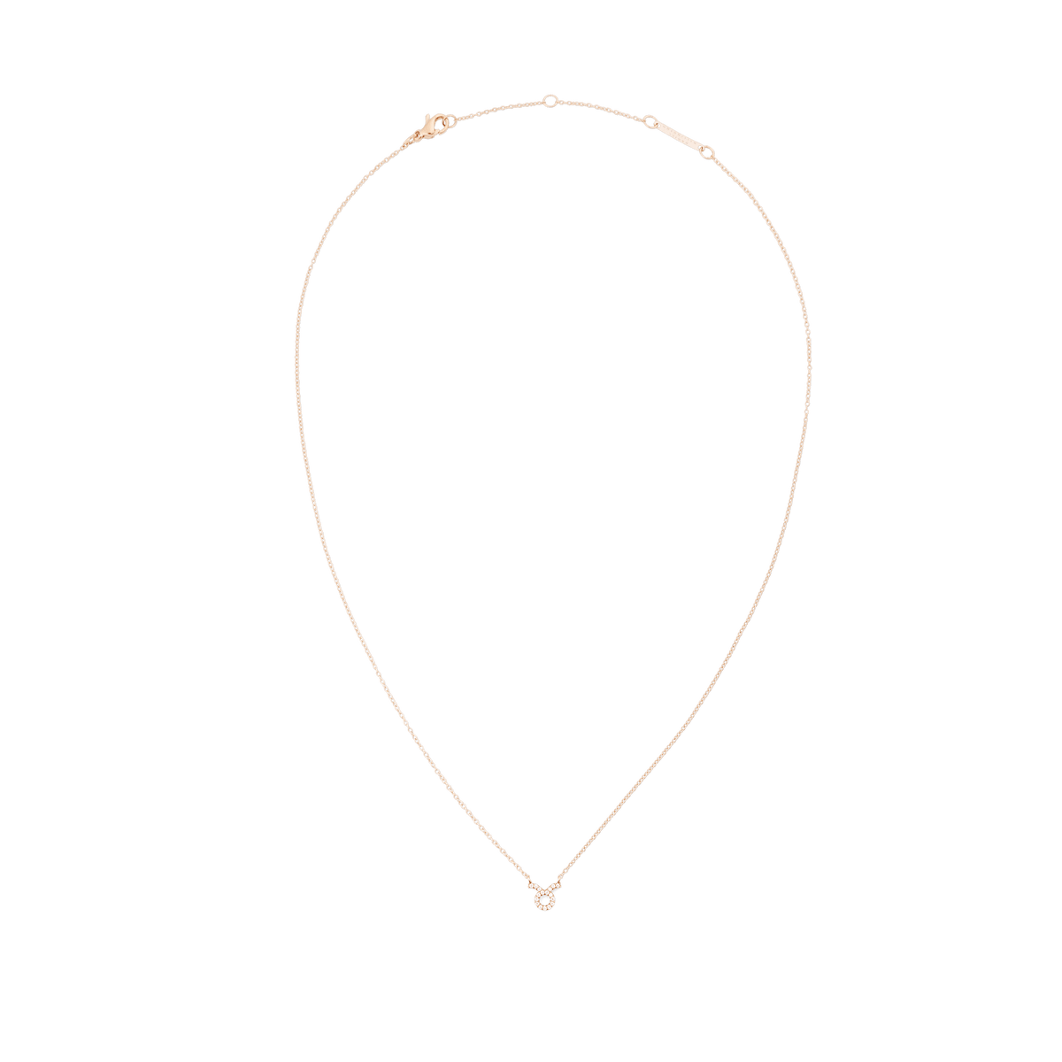 Crystal Zodiac Chain Necklaceのおうし座モデルを白背景で撮影した画像です。ローズゴールドの細いチェーンが優美な曲線を描き、先端にはクリスタルで形作られた小さなおうし座のモチーフがあしらわれています。