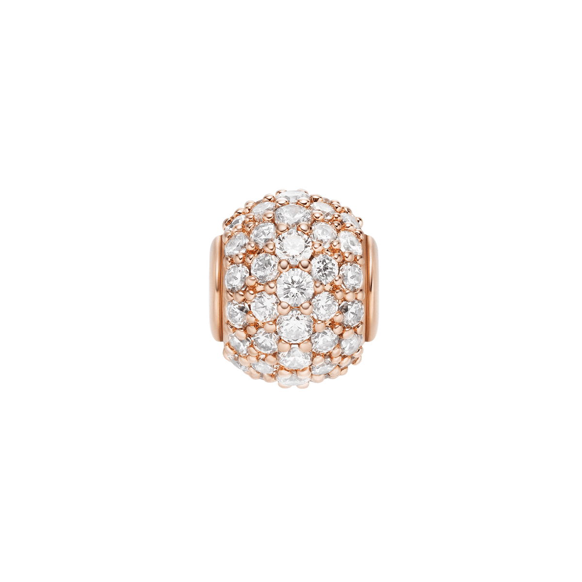 ダニエルウェリントン Pavé Orb White Crystal Charm Rose Goldの正面クローズアップ。ローズゴールドの爪留めでホワイトクリスタルを全面にパヴェセッティングした、丸みのあるオーブ型チャームです。