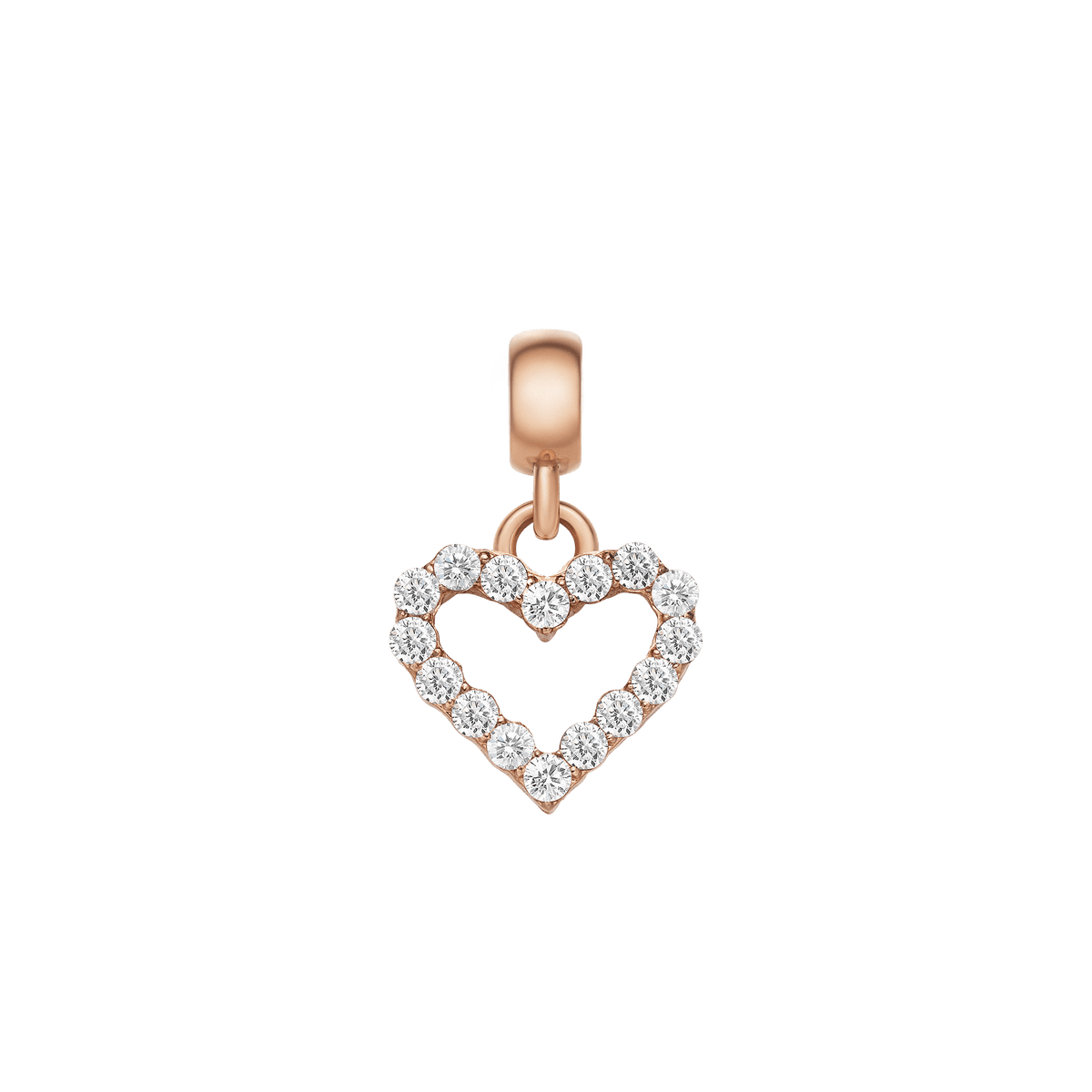Daniel WellingtonのHeart Contourチャーム。ローズゴールドのベイルからオープンハート型のシルエットが下がり、輪郭に沿ってホワイトクリスタルが一粒ずつセットされています。