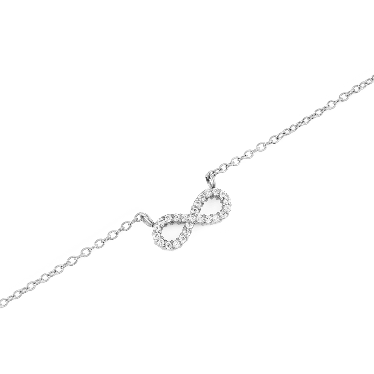 Mirelle Infinity Necklaceのインフィニティモチーフ部分をクローズアップした画像です。ホワイトキュービックジルコニアが曲線に沿って丁寧にセットされ、シルバーの細いチェーンと繋がる繊細なディテールがご覧いただけます。
