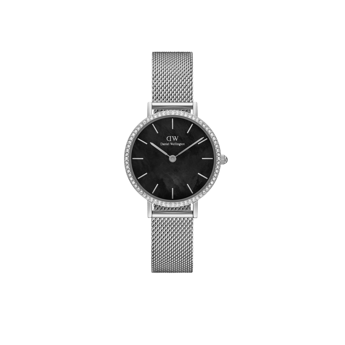 Daniel WellingtonのPetite Lumine Bezel Sterlingは、ブラックマザーオブパールの文字盤とクリスタルをあしらったベゼルが上品なシルバーカラーのレディース腕時計です。シルバーメッシュストラップが付属し、エレガントな印象を演出します。
