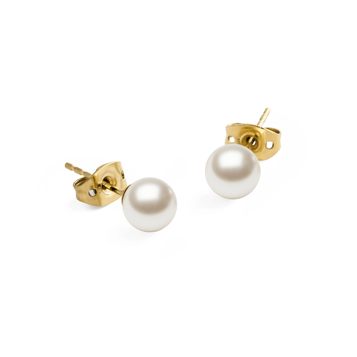 ダニエルウェリントン Pearl Stud Earrings Goldの背面を捉えたディテール写真です。ゴールドのバタフライバック留め具とホワイトパールの丸みをご確認いただけます。