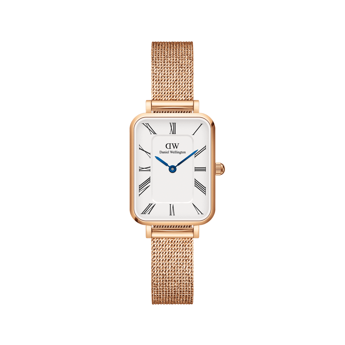Daniel Wellington Quadro Roman Numerals Melroseの正面画像です。ローズゴールドのレクタンギュラーケースにホワイト文字盤、ローマ数字のインデックス、ブルースチールの針をあしらい、ローズゴールドのメッシュストラップを組み合わせた女性向け腕時計です。