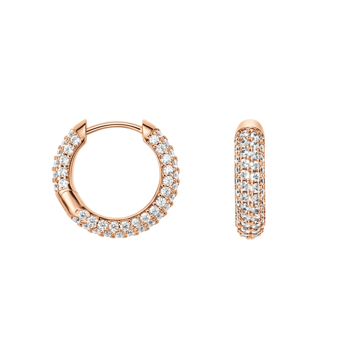 ダニエルウェリントン Pavé Crystal Earrings Rose Goldを正面と横から並べて撮影した商品画像です。フープ全体に施されたクリスタルの配列や、横から見た際の立体感と輝きの広がりがご確認いただけます。