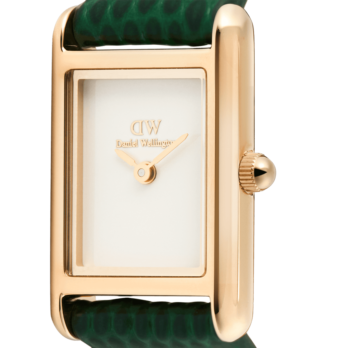 Bound Mini Green Lizard Rose Goldの文字盤とケースをクローズアップした画像です。インデックスのない白い文字盤にローズゴールドの二針が映え、段差のあるレクタンギュラーケースの立体感とリューズのディテールが際立ちます。