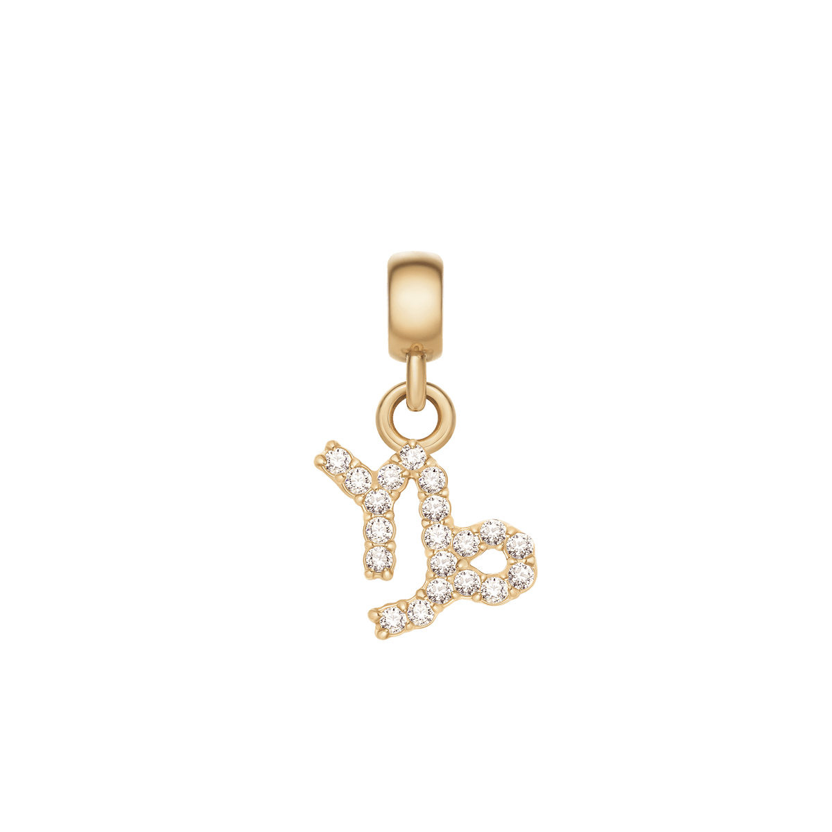 山羊座のシンボルをモチーフにしたCrystal Zodiac Charm Gold。曲線と直線を組み合わせたデザイン全体にキュービックジルコニアがあしらわれ、ゴールドのベイル部分から吊り下がるチャームです。