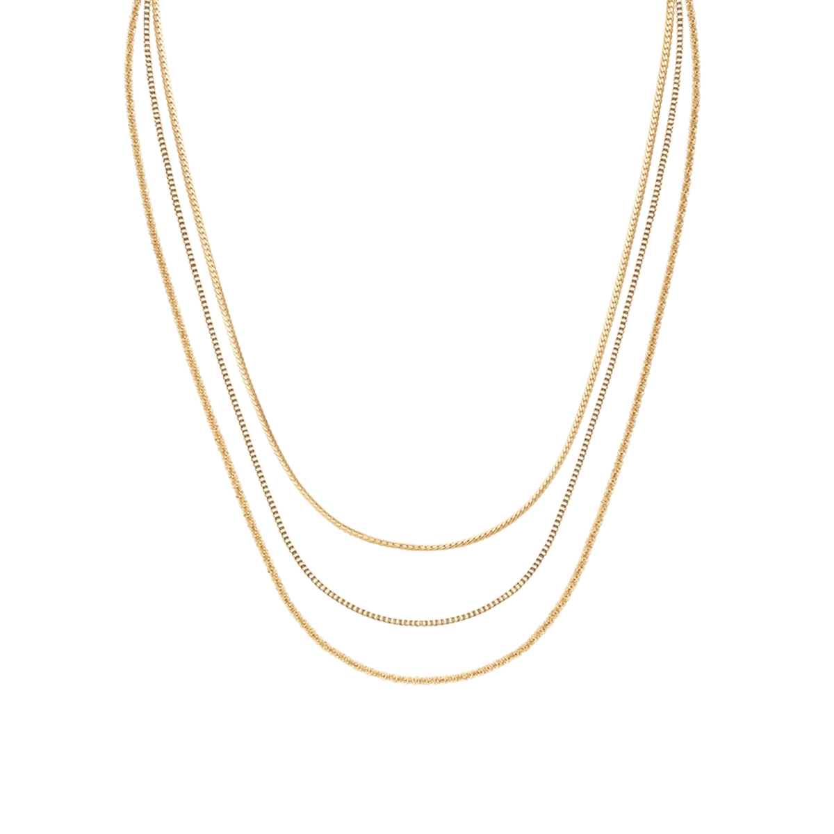 Daniel WellingtonのStaple Necklace Set Gは、ゴールドのチェーンネックレス3本セットです。フラットチェーン、ツイストチェーン、ボックスチェーンがそれぞれ異なる長さで重なり合い、華やかなレイヤードスタイルを楽しめます。