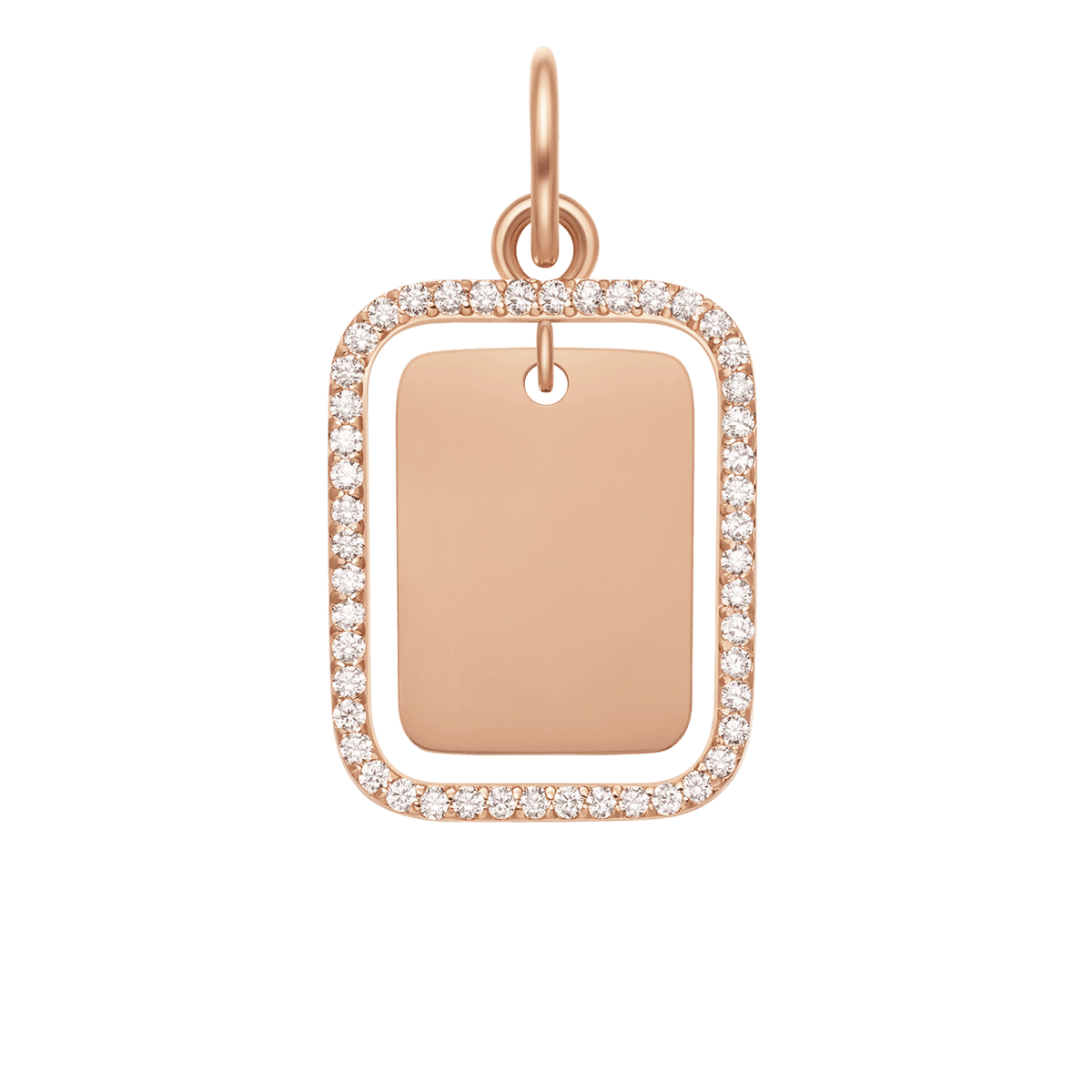 ダニエルウェリントンのRectangular Crystal Frame Pendant RGの正面画像です。ローズゴールドの鏡面仕上げプレートを囲むように、クリスタルがセットされた長方形のペンダントトップです。