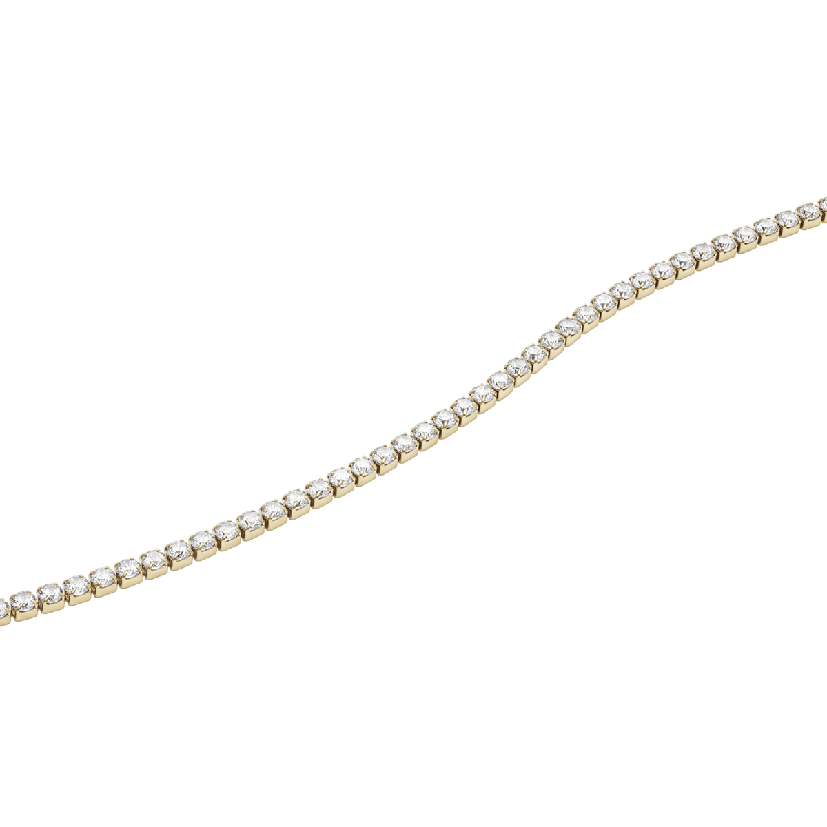 Classic Tennis Necklaceのチェーン部分をクローズアップした画像です。ゴールドの爪留めに一粒ずつセットされたクリスタルが連なり、光を受けて繊細な輝きを放っています。