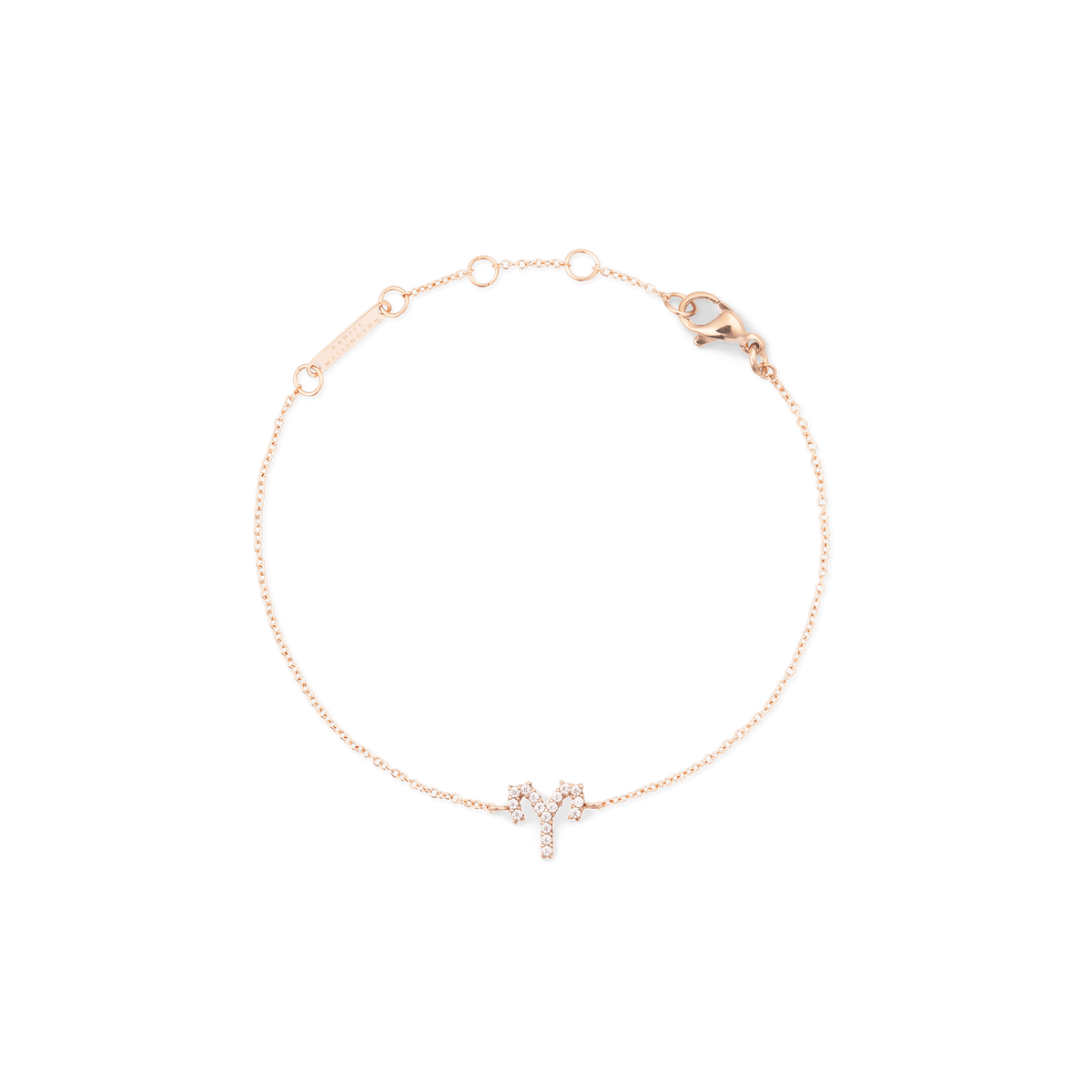おひつじ座のシンボルをクリスタルで表現したCrystal Zodiac Chain Bracelet Rose Goldの全体画像です。白い背景にローズゴールドの細身チェーンが円を描き、中央下部にはクリスタルがセットされた牡羊座のモチーフが配置されています。