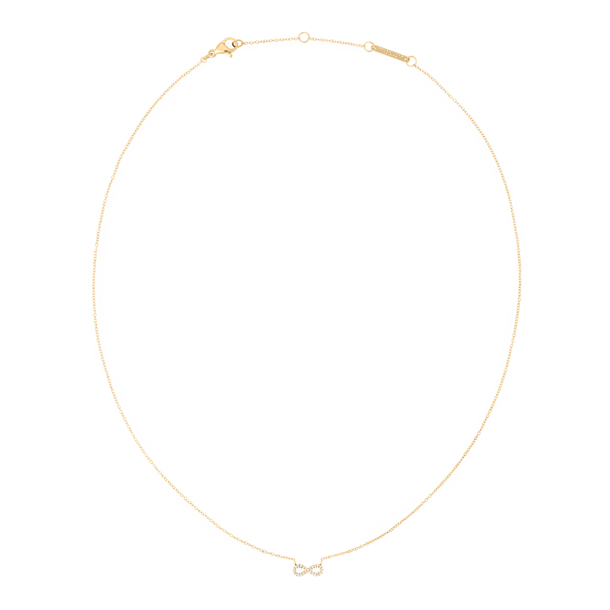 ダニエルウェリントンのMirelle Infinity Necklaceの全体像です。細身のゴールドチェーンの中央に、キュービックジルコニアをあしらったインフィニティモチーフが配されています。ロブスタークラスプとブランドプレートも確認できます。