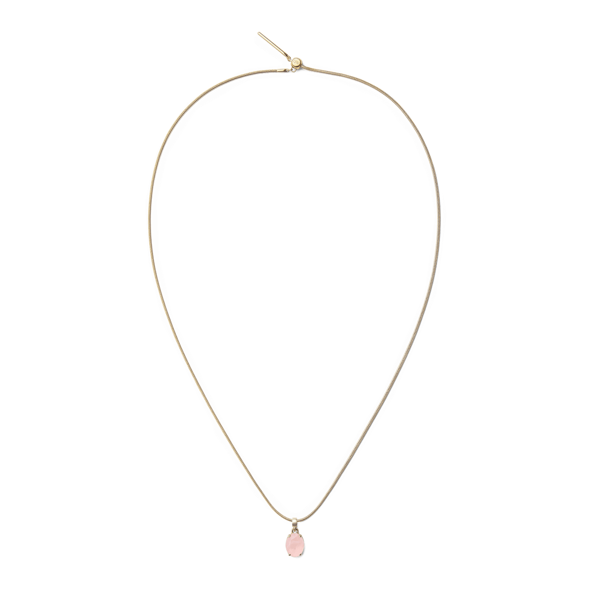 ダニエルウェリントンのRose Quartz Oval Gold Charmをゴールドのスネークチェーンネックレスに通した全体のイメージです。細身のチェーンの先端に淡いピンクのローズクォーツチャームが下がり、シンプルながらも存在感のあるデザインとなっています。