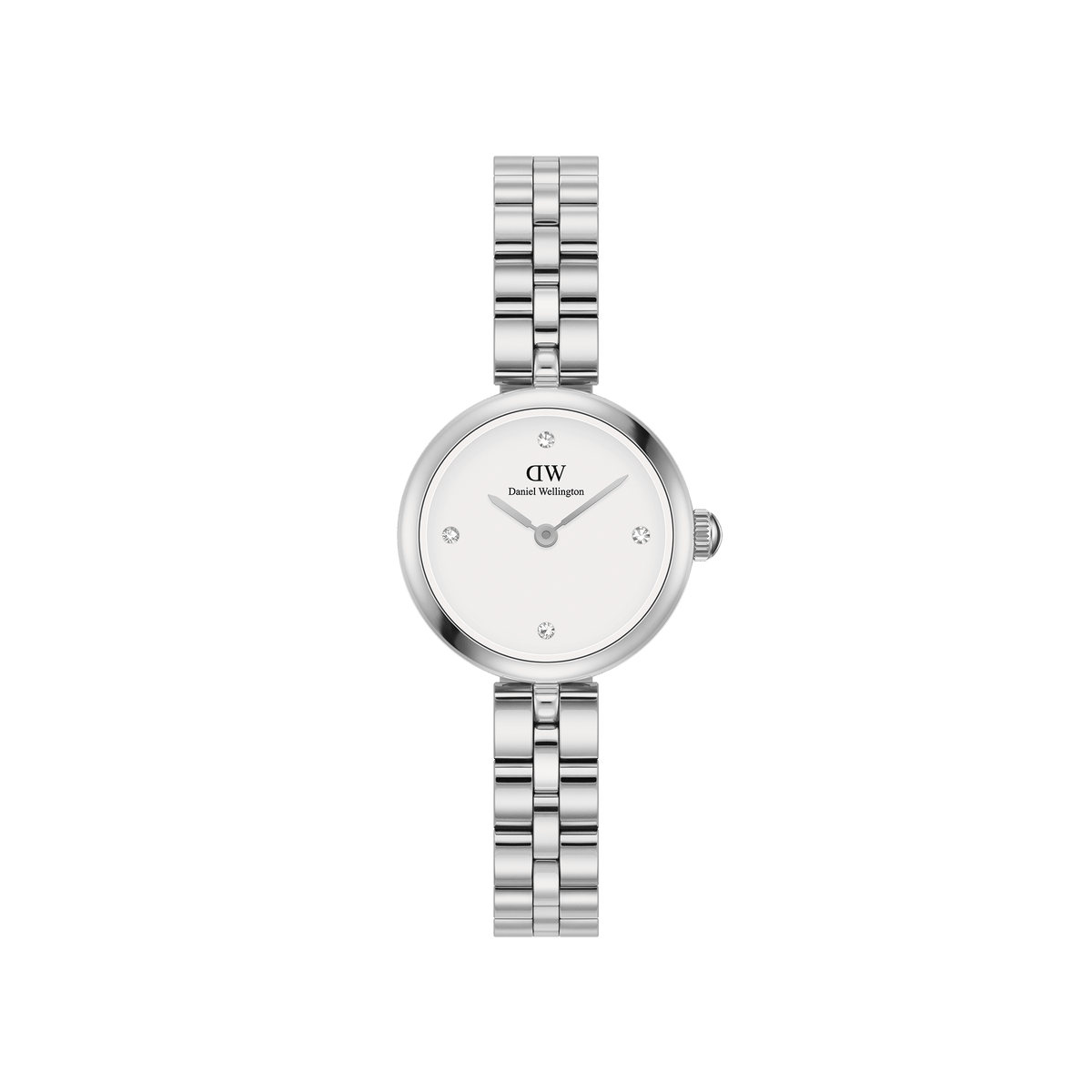 Daniel WellingtonのElan Lumine Silverです。ホワイトダイヤルに5つのクリスタルインデックスをあしらった22mmのラウンドケースと、シルバーカラーの3リンクステンレススチールブレスレットが一体感のあるシルエットを演出する、女性向けの腕時計です。