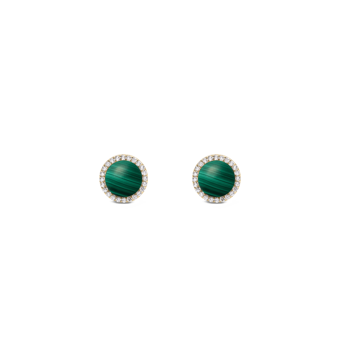 Daniel WellingtonのAudrey Earrings Malachite Goldは、深みのあるグリーンの縞模様が美しいマラカイトの天然石を使用したスタッドピアスです。ホワイトキュービックジルコニアのヘイローが石を引き立て、ゴールドトーンの上品な仕上がりとなっています。