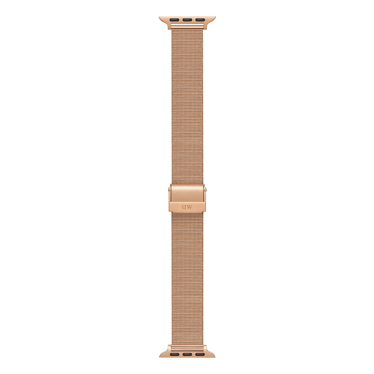 Apple Watch用Daniel Wellingtonスマートウォッチストラップ Mesh Rose Goldを伸ばした状態の画像です。上下のApple Watch接続用ラグから、ローズゴールドの均一なメッシュが一直線に伸びており、中央のバックルにはブランドロゴが刻印されています。