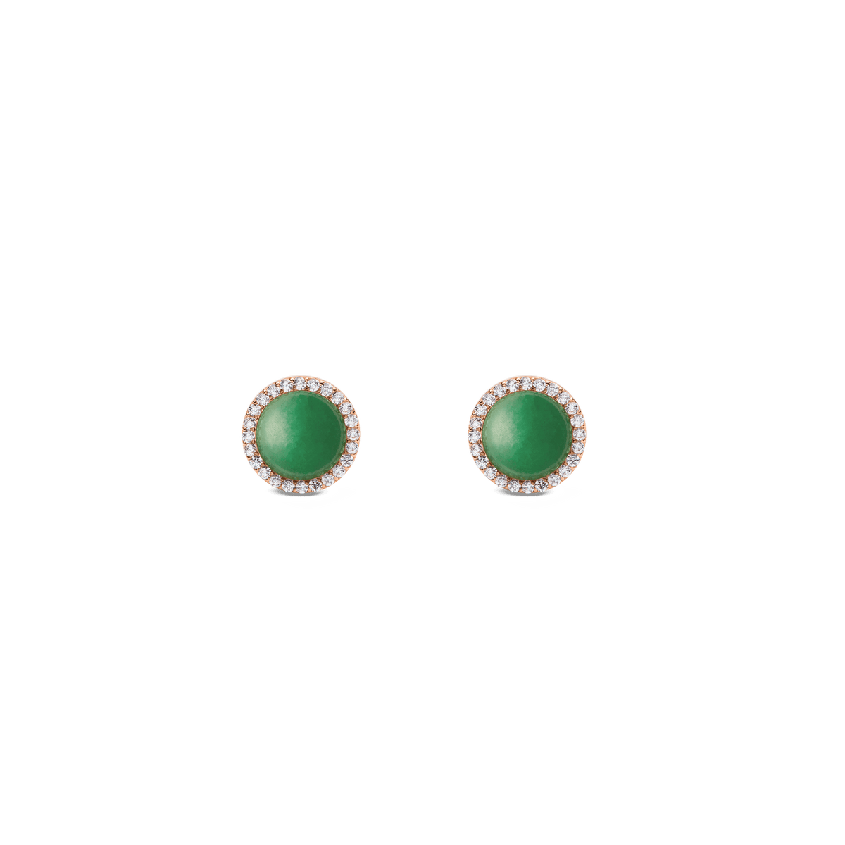 Daniel Wellington Audrey Earrings Jade Rose Goldは、ドーム型にカットされたグリーンの翡翠を中央にあしらい、その周囲にホワイトキュービックジルコニアをセットしたローズゴールドトーンのスタッドピアスです。
