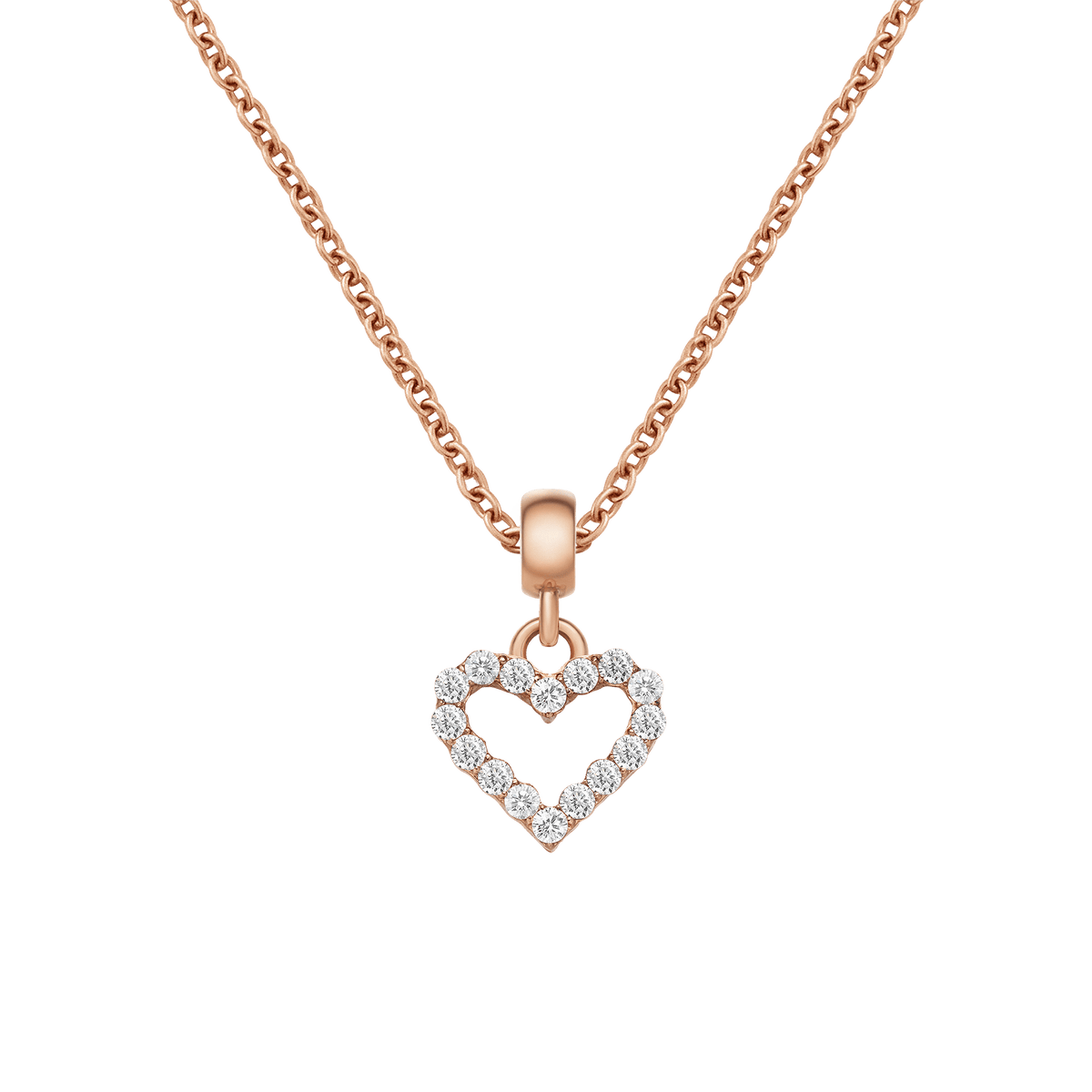 ローズゴールドのチェーンネックレスにHeart Contour White Crystalチャームを合わせたスタイリング例です。ホワイトクリスタルがハートの輪郭に沿って煌めき、胸元で上品に揺れるデザインとなっています。