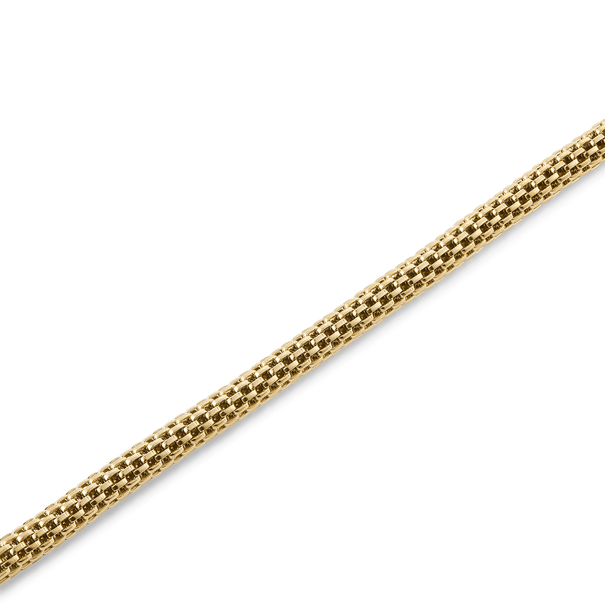 Tide Mesh Bracelet Evergold 2.8のメッシュチェーン部分を拡大した画像です。ゴールドPVDメッキの細やかな編み込みが光を反射し、繊細な輝きを放ちます。幅2.8mmのしなやかな質感もご確認いただけます。