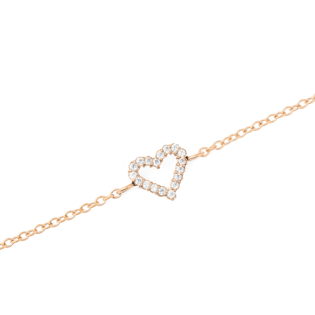 Mirelle Heart Bracelet Rose Goldのオープンハートモチーフをクローズアップした画像です。ホワイトキュービックジルコニアが一粒ずつ丁寧にセッティングされ、繊細なローズゴールドチェーンと繋がっている様子がご覧いただけます。
