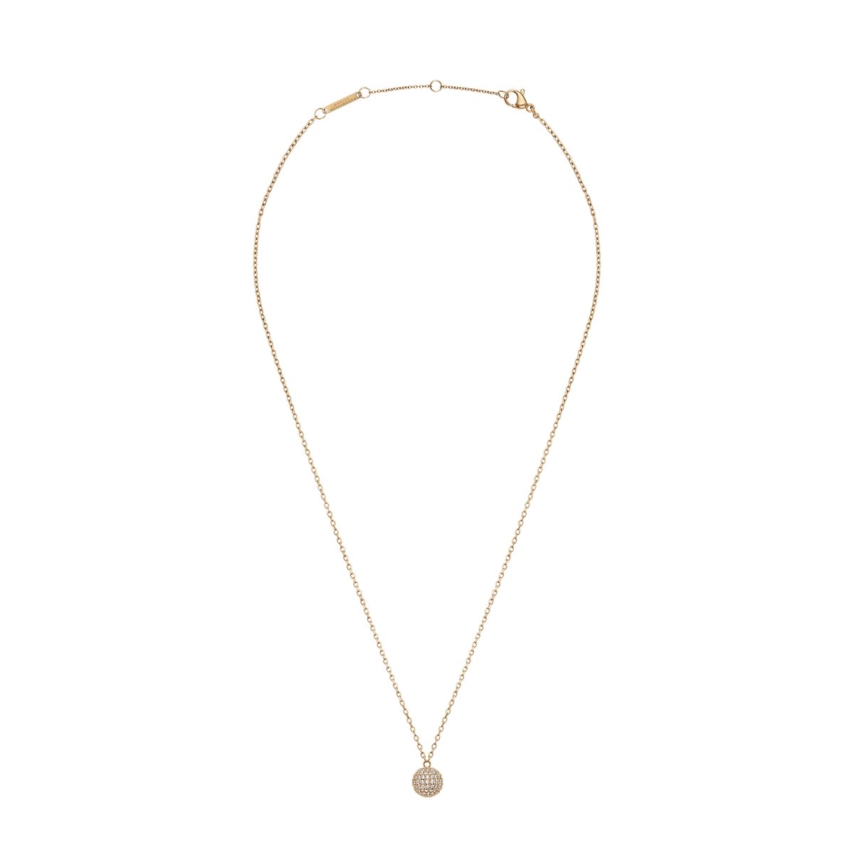 ダニエルウェリントンのPavé Crystal Pendant Necklace Goldです。細身のゴールドチェーンの先に、CZクリスタルをあしらった丸型ペンダントが輝きます。クラスプとアジャスターリングも確認できる商品画像です。